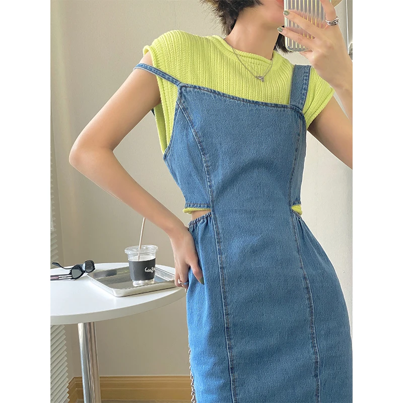 

Summer Sexy Waist Hollow Denim Dress 2021 Korean Fashion Women's Asymmetrical Thin Shoulder Strap Dress Suspenders Vestidos