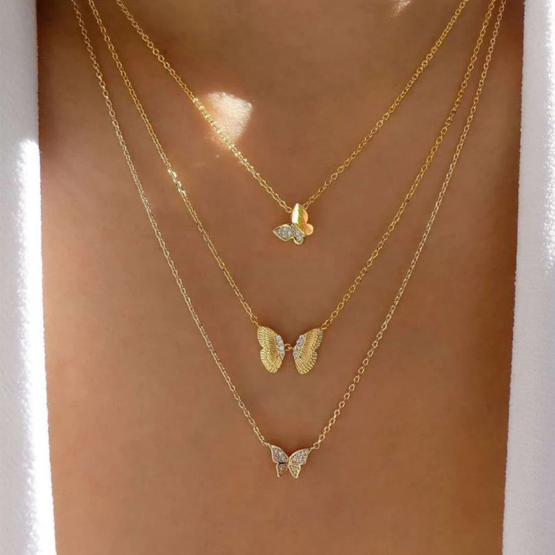 

2021 Мода с открытыми пальцами и кристальной бабочкой многослойные ожерелья золотой кулон колье для женщин, изготовлено вручную женские вече...