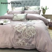80s egyptian cotton light purple luxury classical flower embroidery bedding set duvet cover bed sheet bed linen pillowcases 4pcs