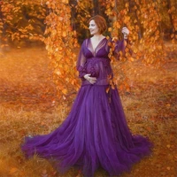 a line purple prom dresses lace applique tulle pregnant womens dress sheer beaded maternity gowns for photo shoot