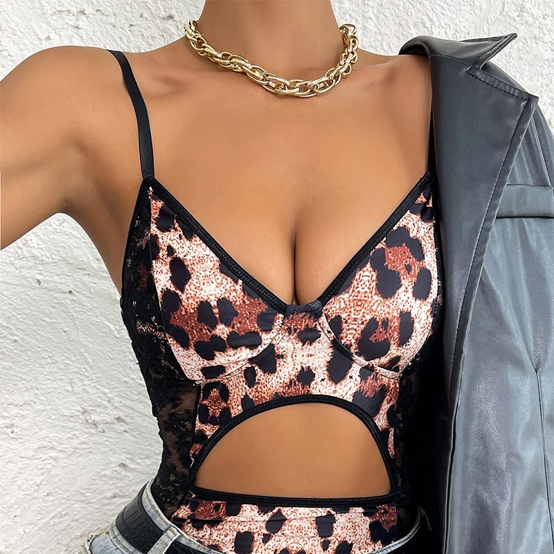 

Mixcb коричневый Леопардовый принт для женщин сексуальный женский комбинезон с вырезами и открытой спиной женский боди осень 2021 новый стиль