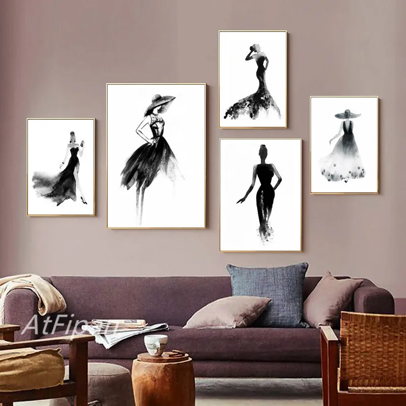 Черно белый модный красивый женский постер элегантная холщовая картина для