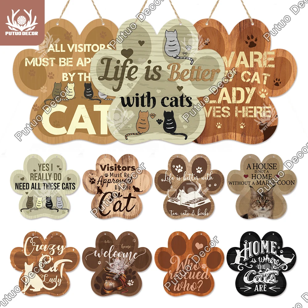 Putuo Decor-placa colgante de madera con forma de pata de gato, placa de decoración rústica para el hogar, regalo para casa de gato, decoración de pared