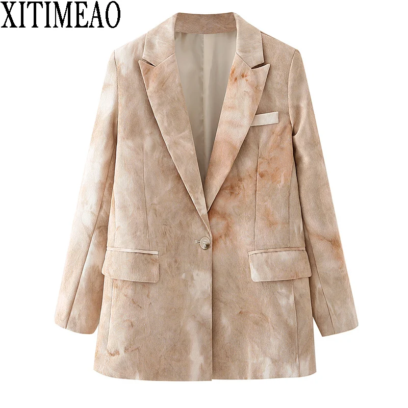 

Xitimeao XITIMEAO Women Fashion Office Wear Retro Tie Dye Printed Suit Corduroy Coat Vintage Pockets Female Outerwear Chic Tops