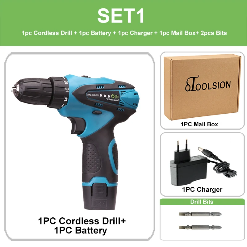 SET1 (1 pc battery) 21 в 12 В перезаряжаемая отвертка, Аккумуляторная дрель, электрические инструменты, шуруповерт, зарядная электрическая отвертка, набор+ запчасти для дрели - Цвет: SET1 (1 pc battery)