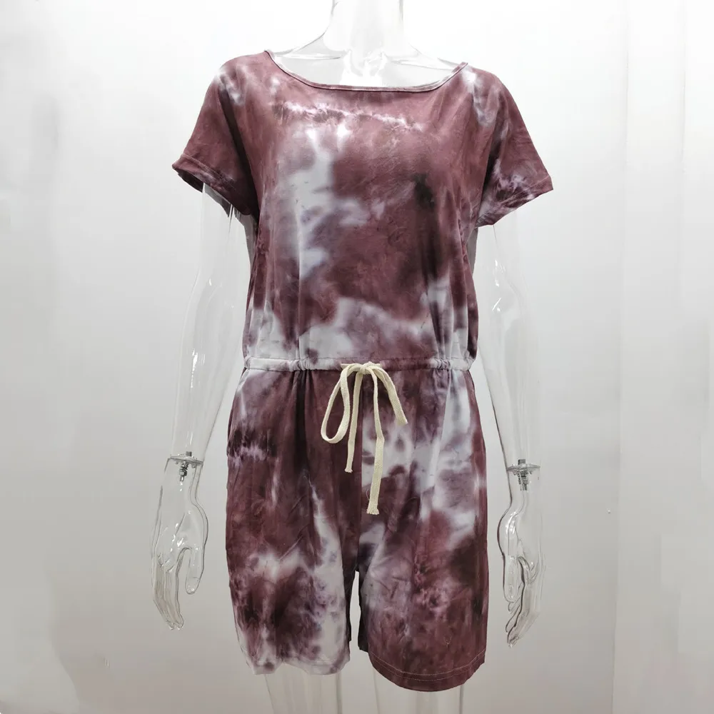 

202 Summer Casual New Womens Short Tie-dye Print Oversized Jumpsuit Ladies Short Sleeve Lace Up Playsuits Rompers Overalls Women