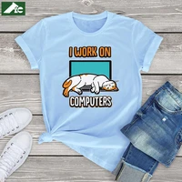 funny lazzy cats graphic t shirts for women kawaii clothes tees unisex tops i work on compute cat vintage oversized woman tshirt