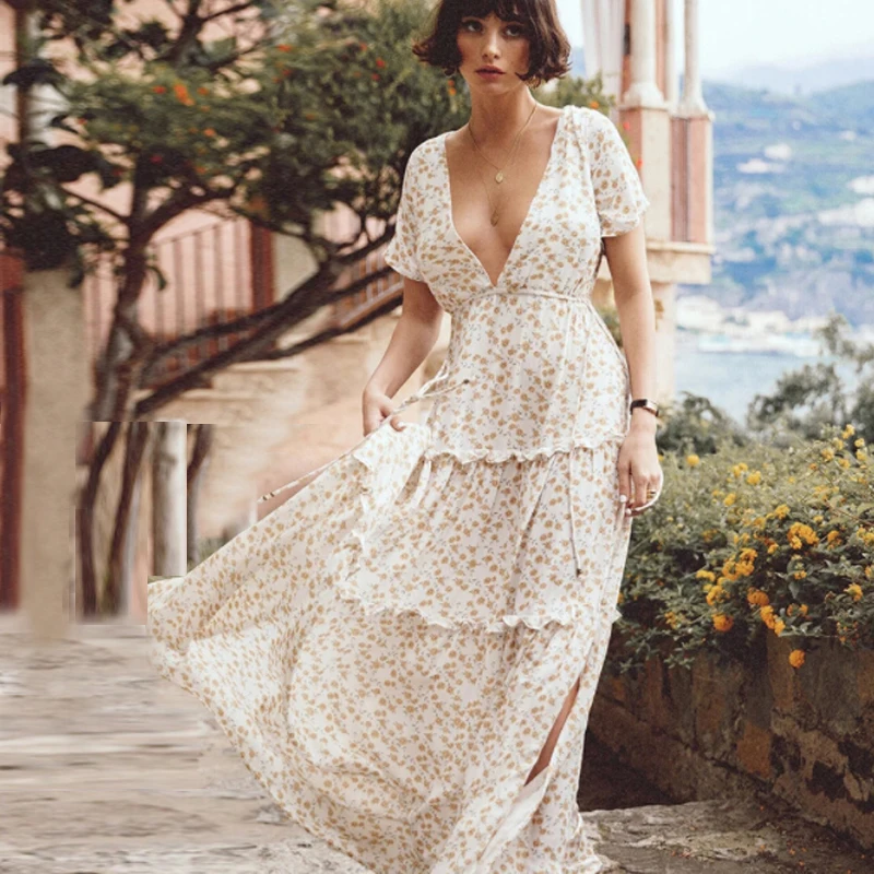 Женское длинное платье из вискозы с цветочным принтом и глубоким V образным