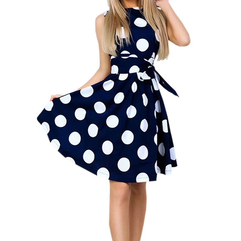 Милое летнее мини платье в горошек для девочек Femme Винтажные платья без рукавов с