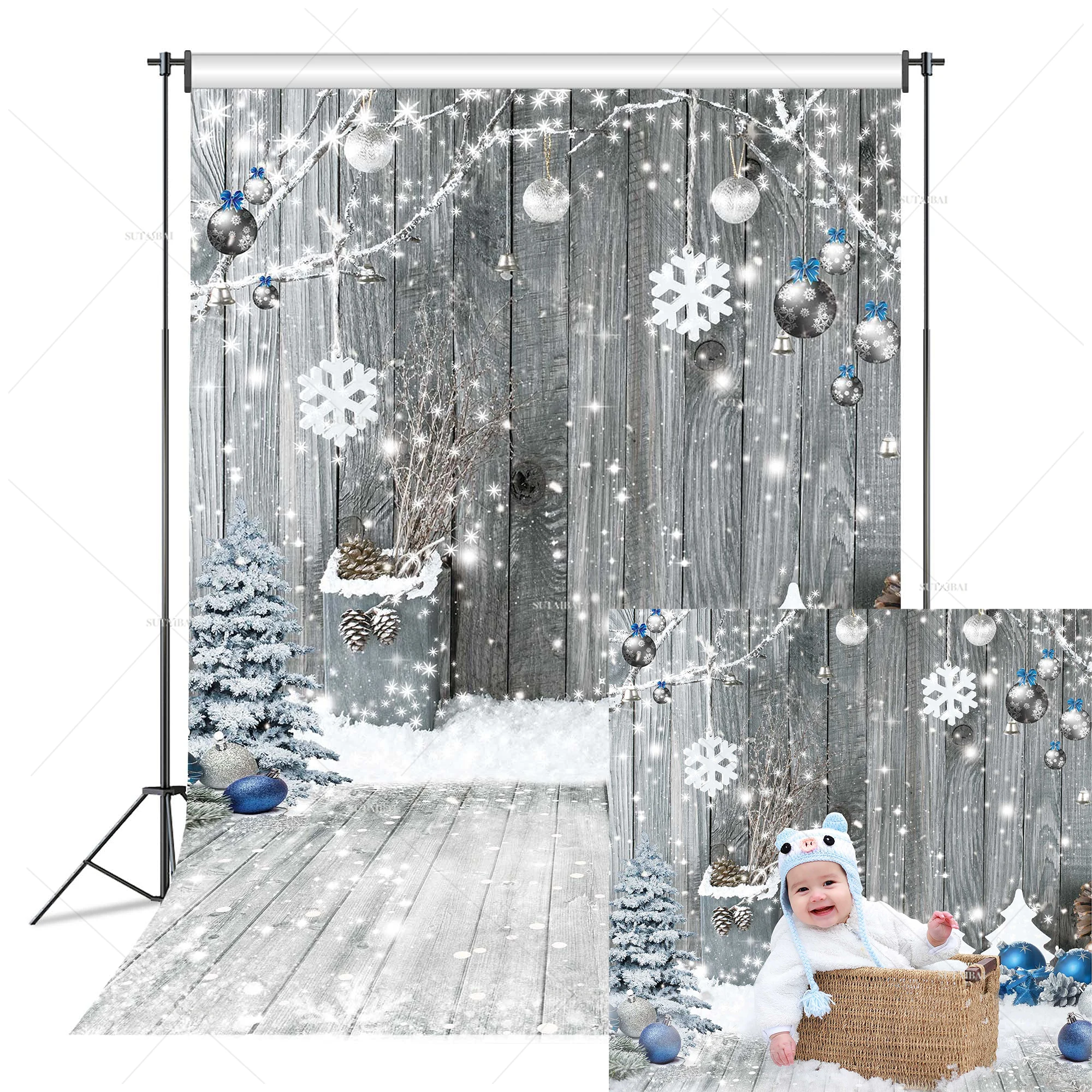Christmas Backdrop Photography Winter White Snowflake Wood Wall Background Let It Snow Holiday Party Banner Decoration for Kids
