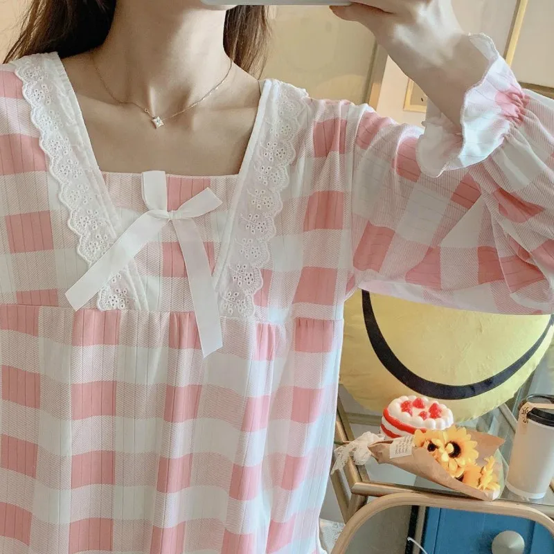 

Women Pajama Sets Plaid Simple Square Collar Lace Ruffles Pleated Sleeping Wear Female Sweet Lovely Ins Chic Bow Korean Style