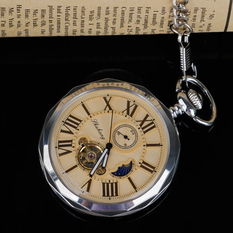 New Arrvial Open Face Hand-winding Tourbillon Mechanical Pocket Watch Roman Number Moon Phase Fob Watch Gift