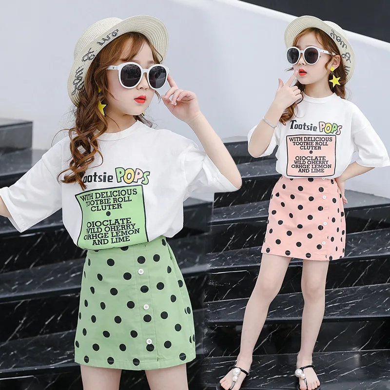 

Summer Clothes For Girls Short Sleeve T Shirt + Polka Dot Short Skirt 2 PCS Sets Teen Girls Outfits Fashion Children's Clothing