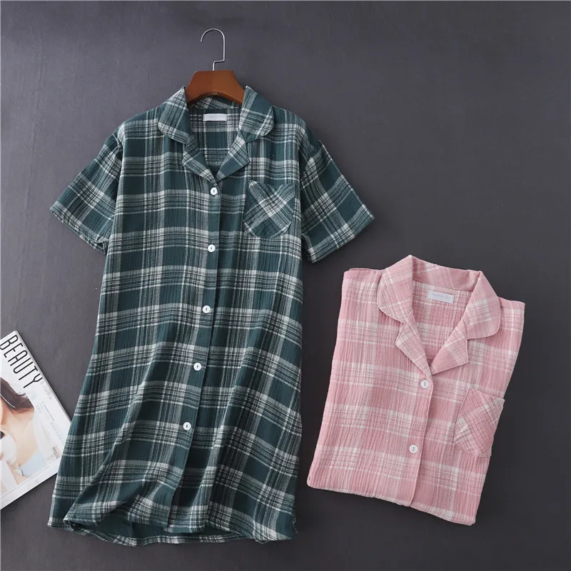 

New Cotton Crepe Gauze Plaid Nightgown Summer Short Plus Size Sleepwear Home Sleepshirts Turn-down Collar Sleep Dress