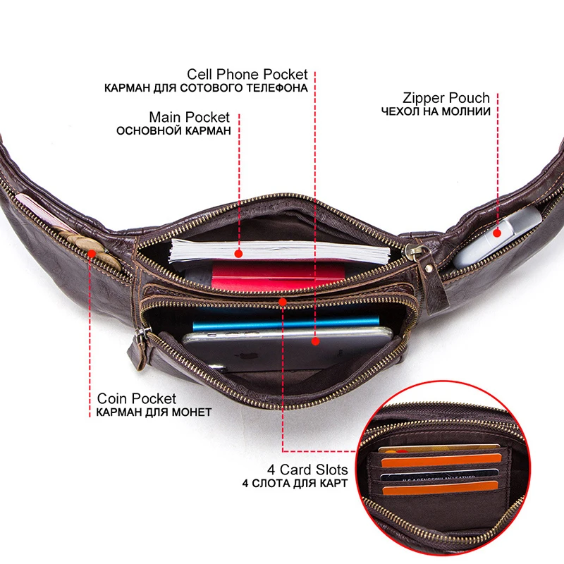 

Leather Men's Sports Waist Bag Top Layer Cowhide Multi-function Mobile Phone Waist Bag Card Case Large Capacity Men's Bags