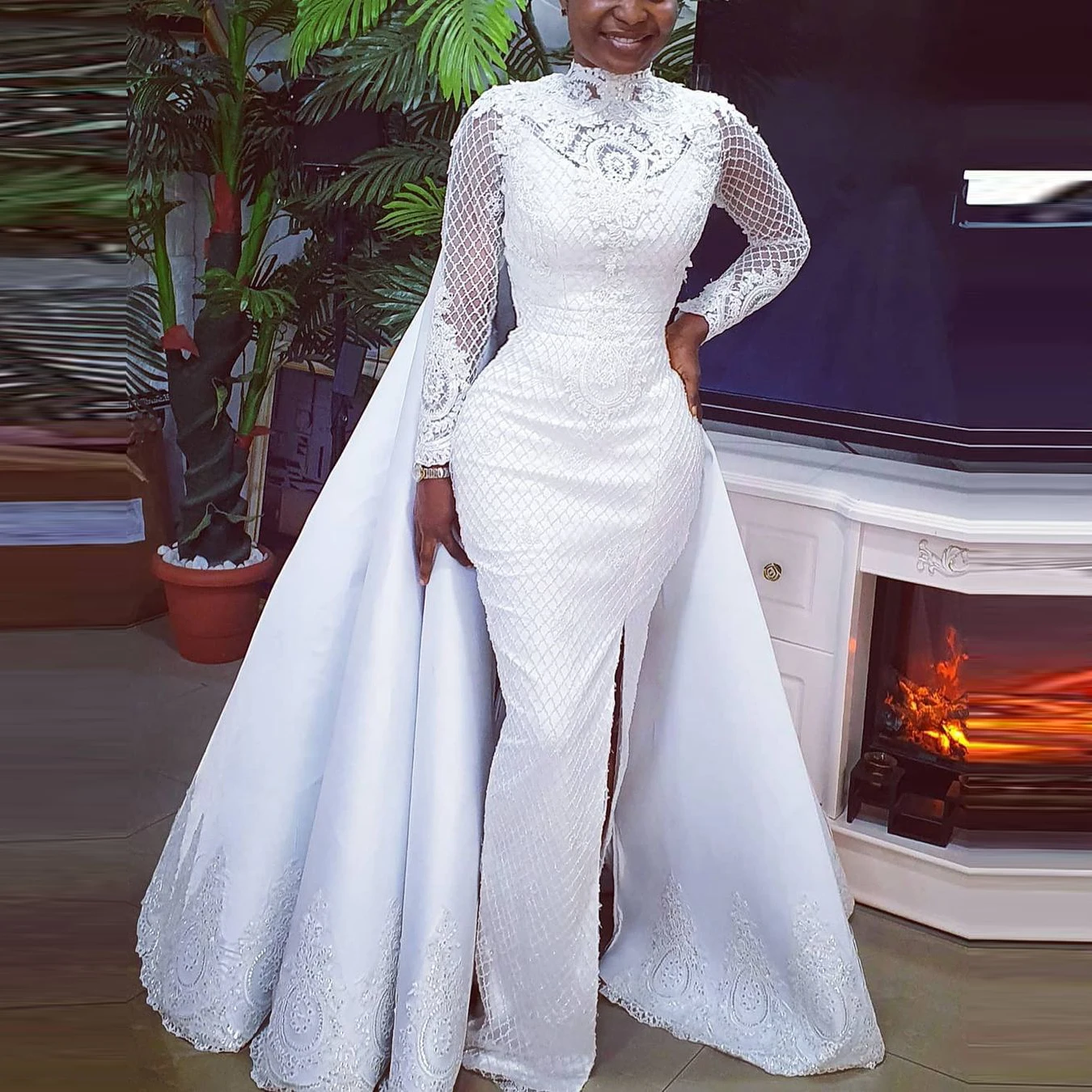 

Женское атласное свадебное платье-Русалка Aso Ebi, с длинными рукавами, высокой горловиной и юбкой-годе, 2021