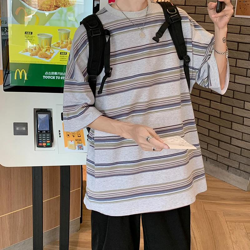 

Summer Cotton Short-sleeved T-shirt Men's Fashion Casual T Shirt Men Streetwear Korean Loose Hip-hop Striped Tshirt Mens Tops