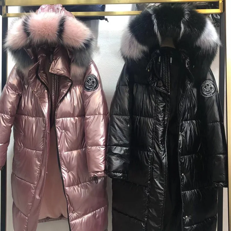 

High Quality Winter Jacket Women Warm Thicken Hooded With Fur Long Coat Shining Fabric Stylish Female Parka