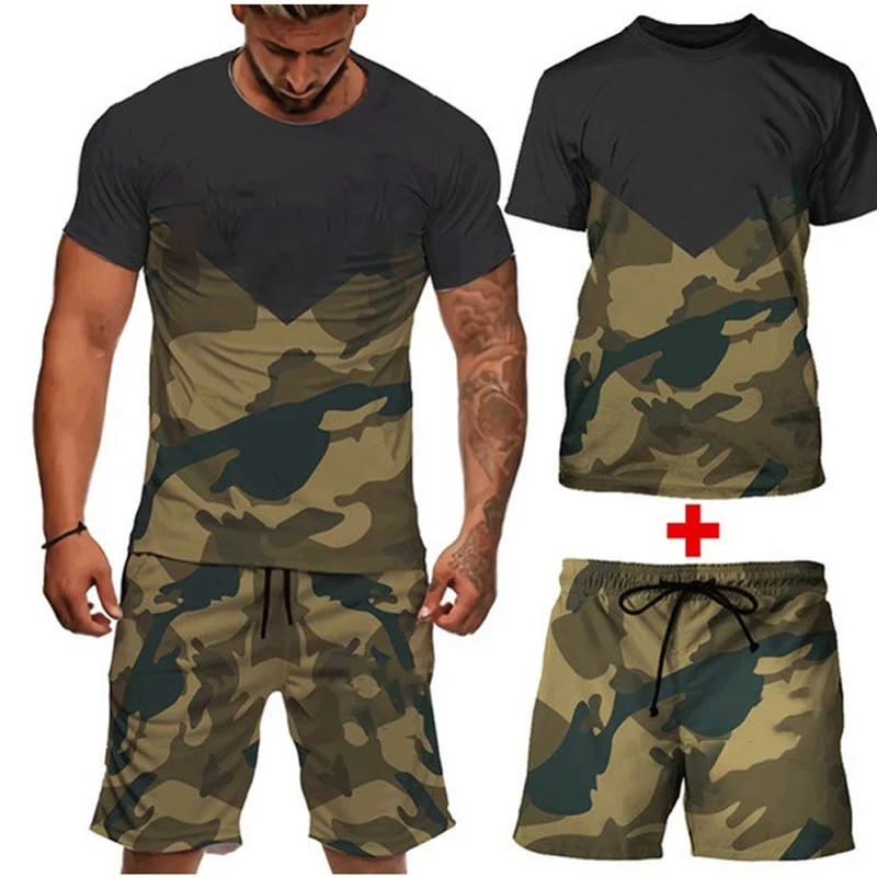 

Summer Short-Sleeved Round Neck Man T-shirt Suit Camouflage Army Green Cool Breathable Cute Pattern Homme Wear Handsome Suit
