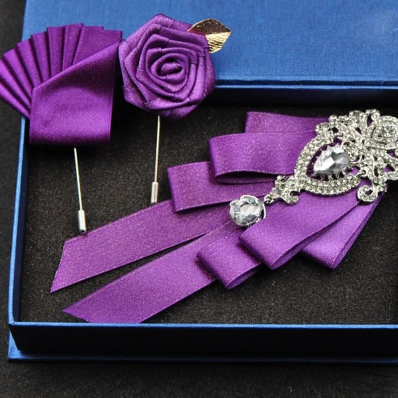 Purple set 2 Высококлассный Модный бриллиантовый галстук-бабочка Женихи мужские свадебные аксессуары для воротника Галстуки Роза брошь карманное полотенце квадратный набор подарки для мужчин - Цвет: Purple set 2