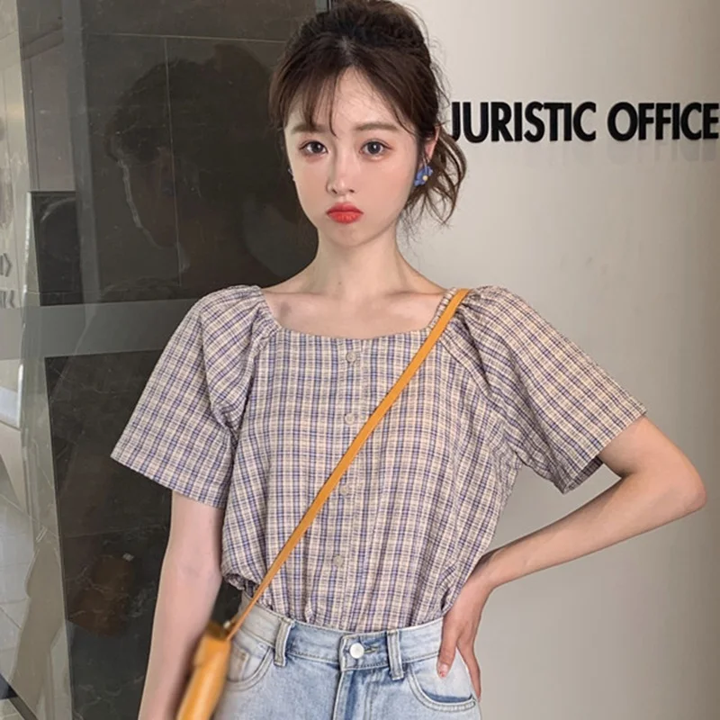

ETOSELL Women Plaid Print Square Collar Blouses Slim Vintage Casual Short Sleeve Shirt