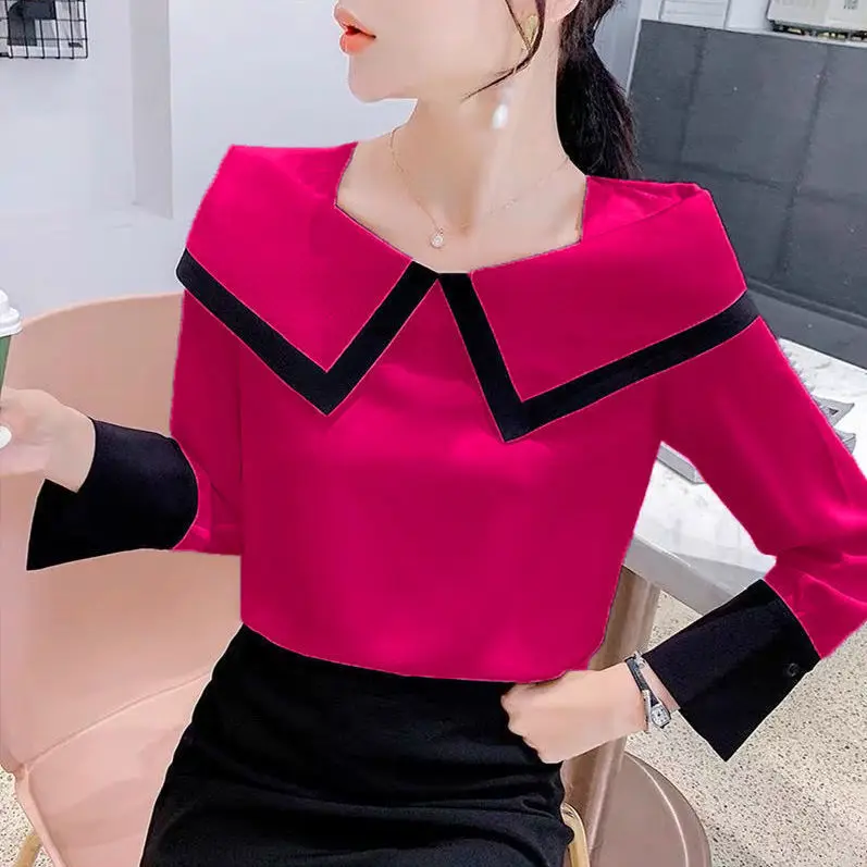

Women's Spring Autumn Style Chiffon Shirt Women's Peter Pan Collar Long Sleeve Splicing Korean Loose Tops SP823