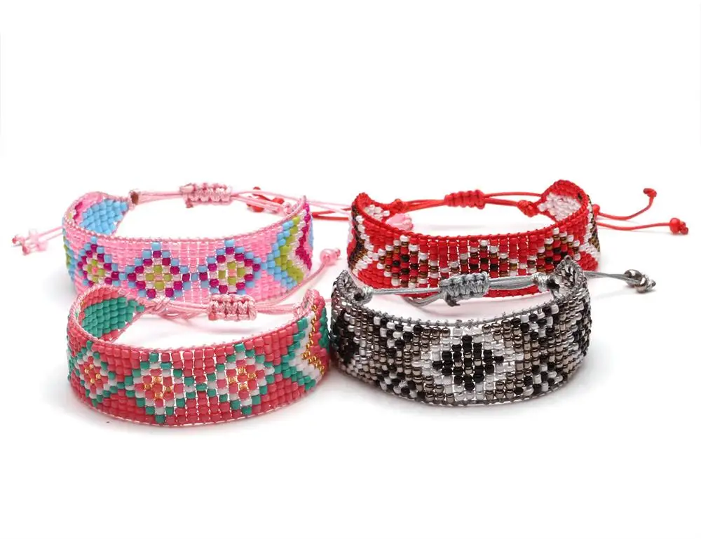 

Boho Multicolored Glass Seed Bead Woven Adjustable Indian Bracelet Waxed String Handmade Dots Eyes Fashion Summer Jewelry Gift