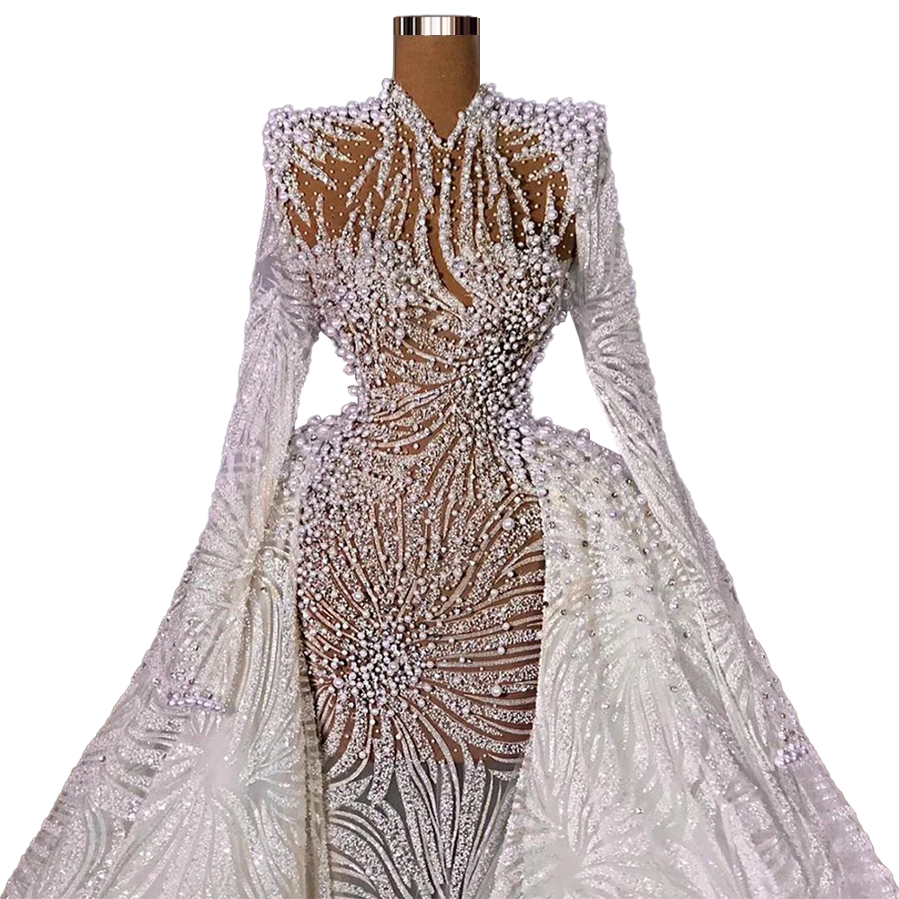 Glitter Sparkly Middle East Bridal Dress High Neck Islamic Turkish Saudi Arabia Long Sleeves Pearls Luxurious 2021