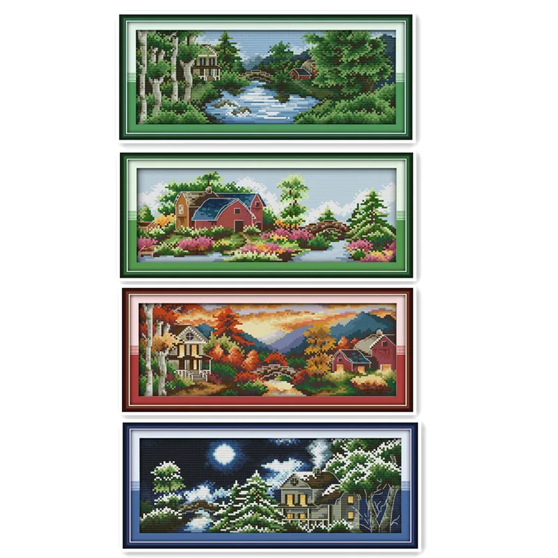 

Four Seasons Scenery 11CT 14CT Cross Stitch Kit, Beautiful Castle Embroidery Spring, Summer, Autumn and Winter Paintings