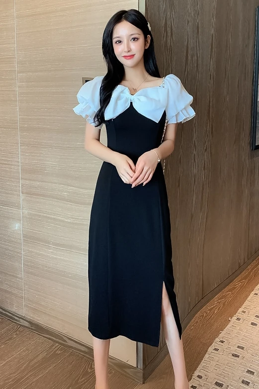 

COIGARSAM Patchwork Women one-piece dress korean Summer Short Sleeve Bow Mesh Dresses Black 9571