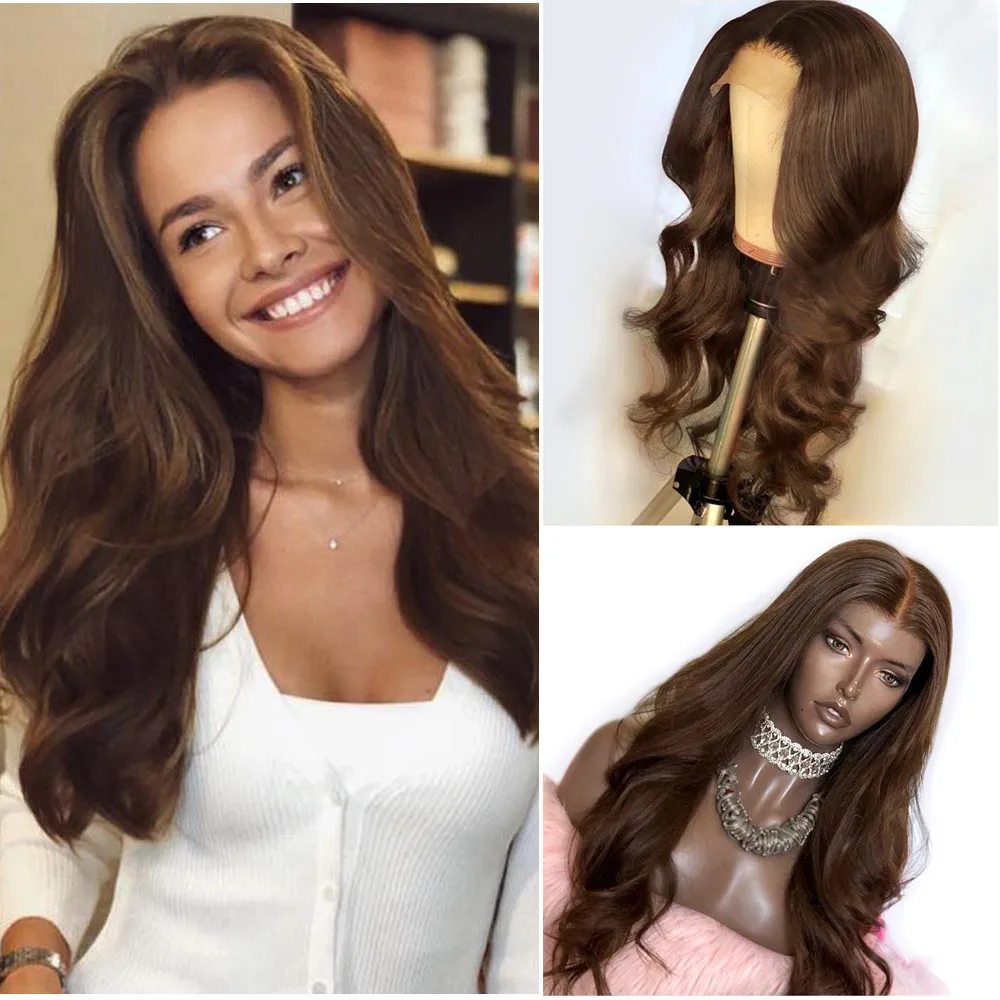 Парик из темно коричневых человеческих волос с полным кружевом естественная