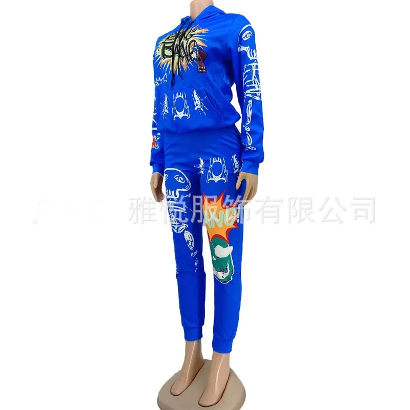 

TNNAOFF Aesthetic Print 2 Piece Tracksuits Women Set Long Sleeve Hoodies Trendy Pockets Sweatpants Streetwear Club Matching Sets