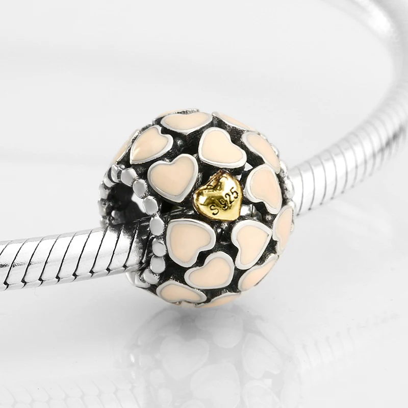 Серебро 925 пробы Розовая эмаль и золотой цвет сердце сделай сам изящные бусы