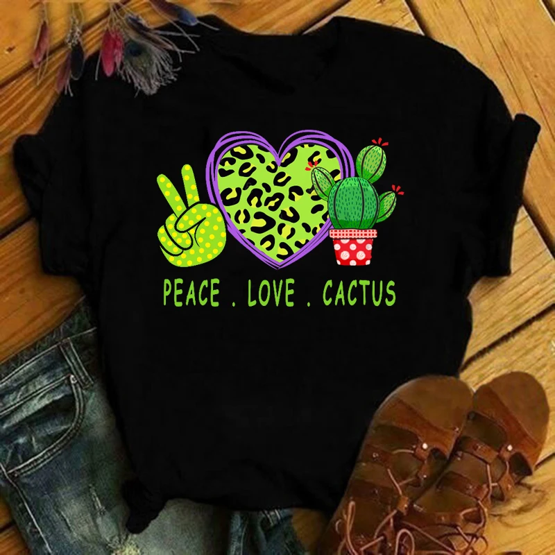 

Peace Love кактус печати Летняя футболка с коротким рукавом джемпер свободного покроя реглан, для повседневной носки женские футболки размера п...