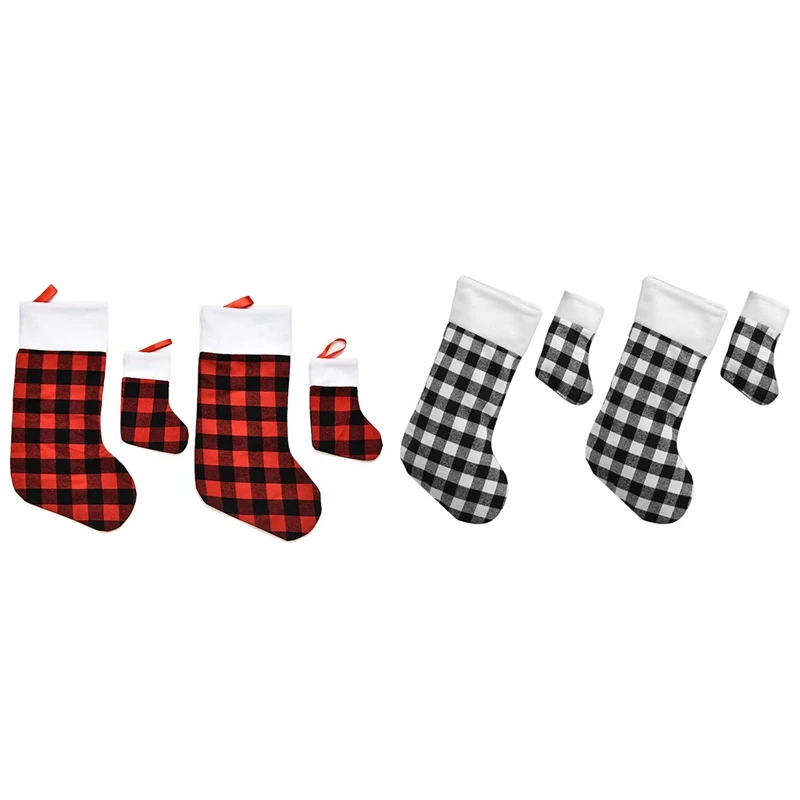 

8PCS Christmas Decorations Red And Black Plaid Plush Christmas Socks Ornaments Gift Gifts Candy Bag Pendants