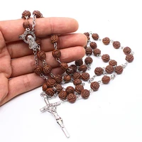 handmade rose beads catholic religious cross pendant necklace wooden rosary jesus women men gifts