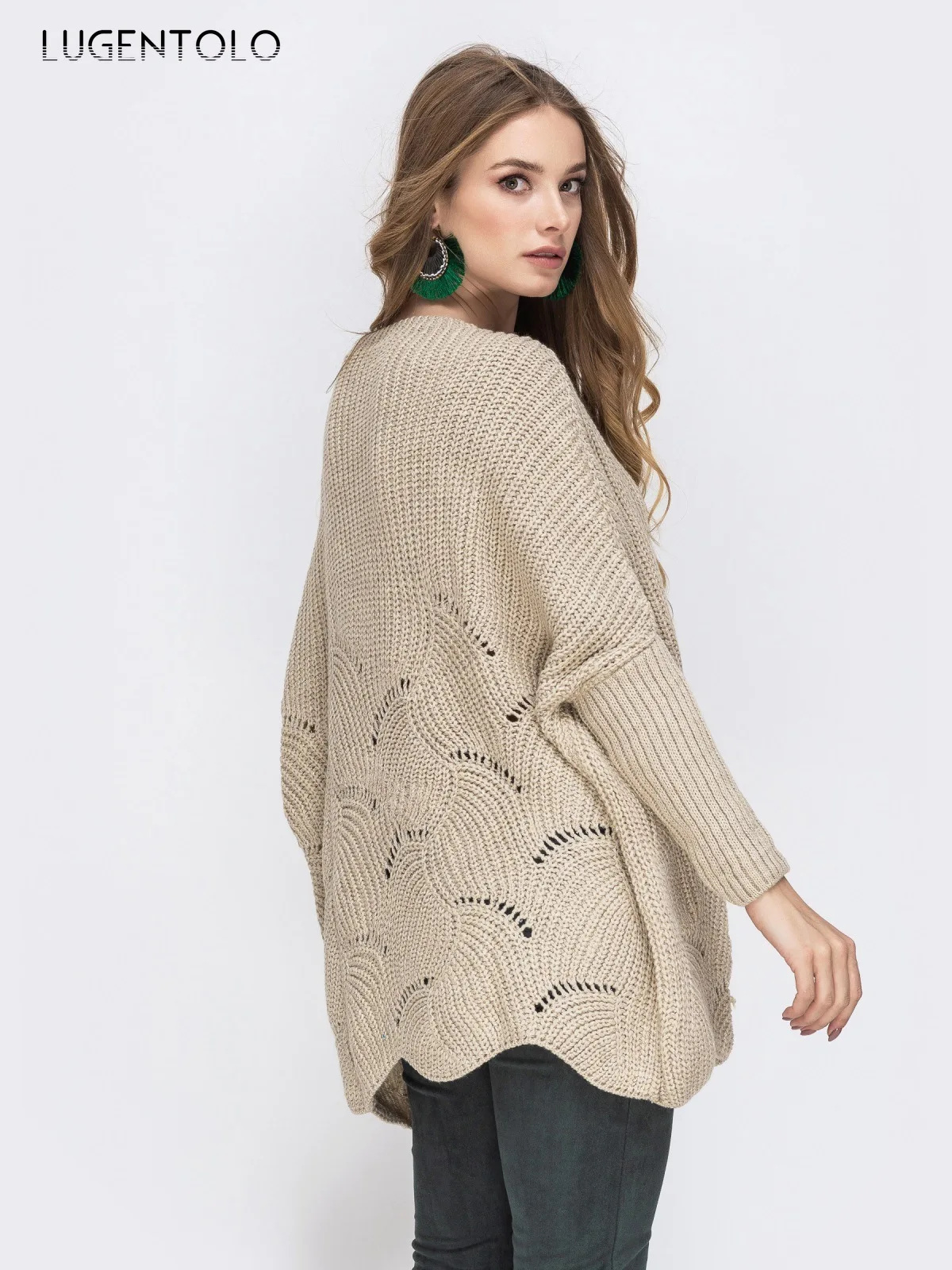 

Lugentolo Autumn Women Knitted Sweater Simple Horizontal Neck Loose Wavy Hollow Out Casual Long Sleeve Female Solid Sweater