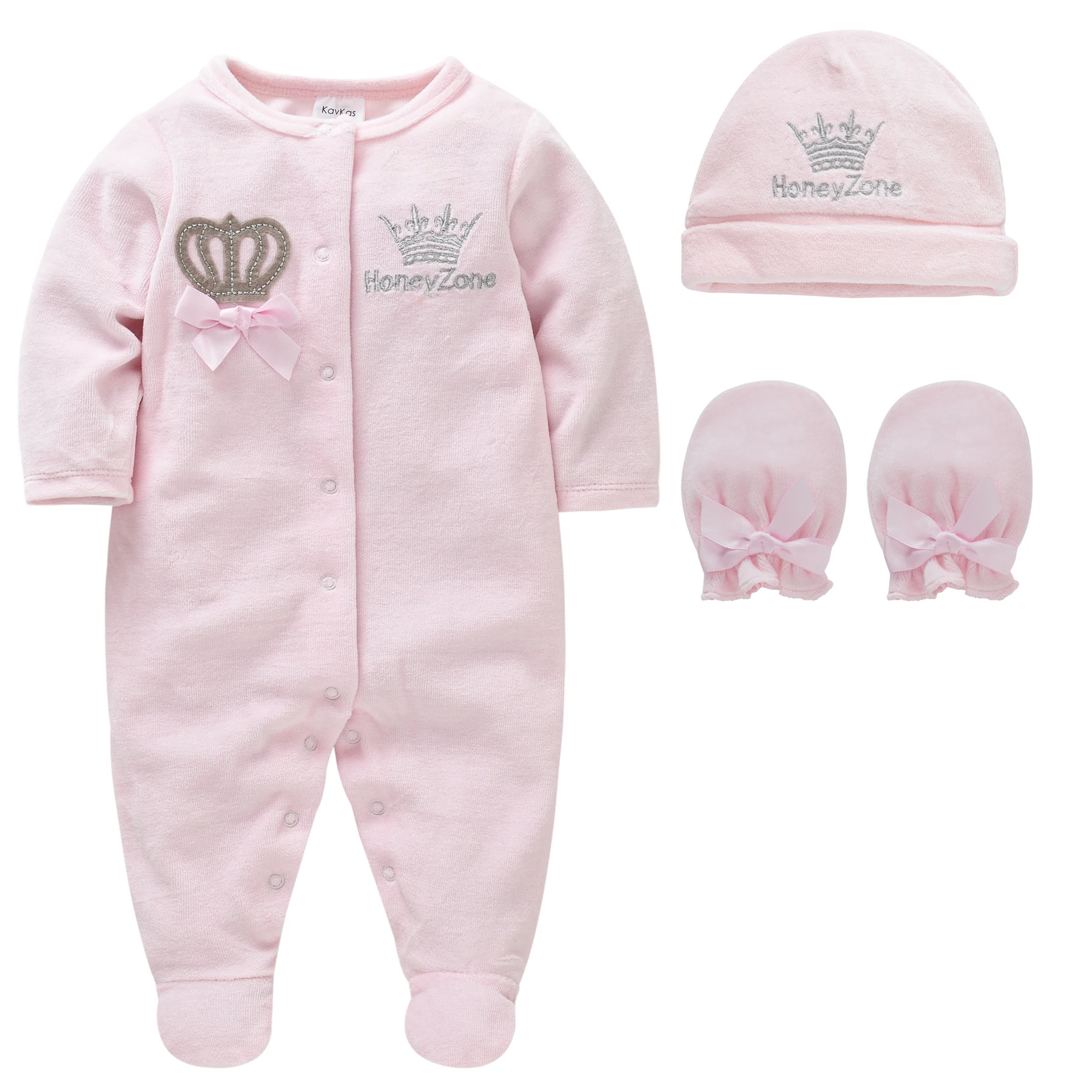 

Honeyzone 3pcs/Set Baby Girls Clothes Set Pink Crown Shearing Infant Jumpsuit Ropa De Bebe Thicken Winter Baby Footies 0-12m