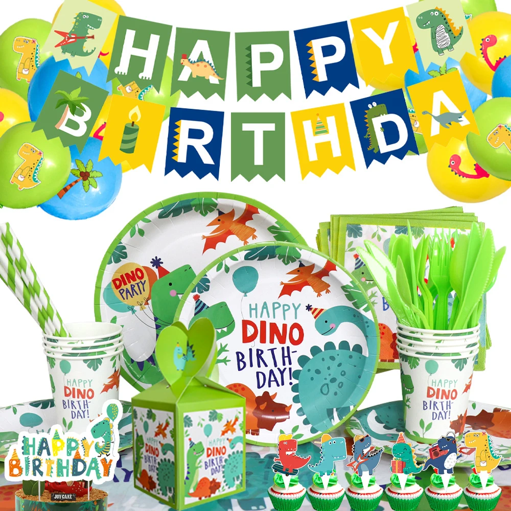 

Набор одноразовой посуды в виде динозавра для вечеринки, товары для украшения дня рождения, тарелки в виде джунглей с дикими животными, банн...