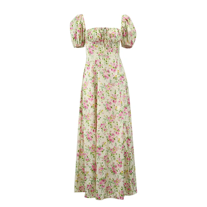 

2021 Women Summer Dress Sexy Fashion Bubble Sleeve Floral Lace-up High Split Long Dress Vestdio Vintage Korean Elegant Clothes