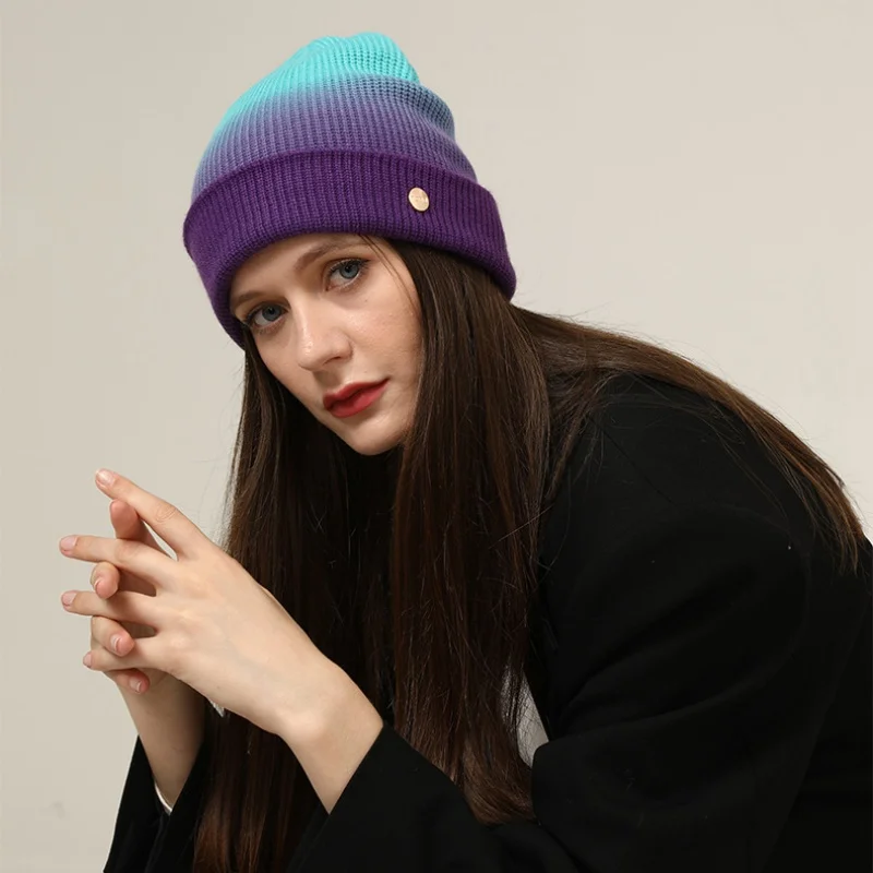 

Female Winter Knitted Beanie Hat Outdoor Tie-dye Keep Warm Hip Hop Elastic Skullies Cap Warm Casual Bonnet