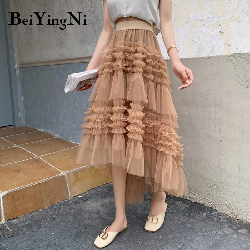 

Beiyingni 2022 Stylish Mesh Skirt Women Solid Color Charming Princess Pleated Midi Elegant Irregular High Waist Skirts for Girls