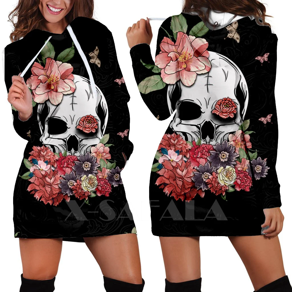 Новинка осеннее платье с капюшоном Grim Reaper Skull Rose Girl в стиле Харадзюку 3D принтом