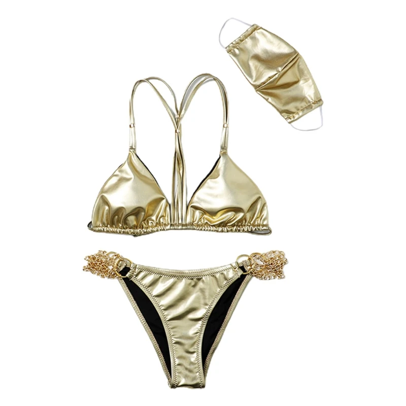 

Women Sexy Shiny Metallic Faux Leather Bikini Set with Face Mask Chain Swimsuit