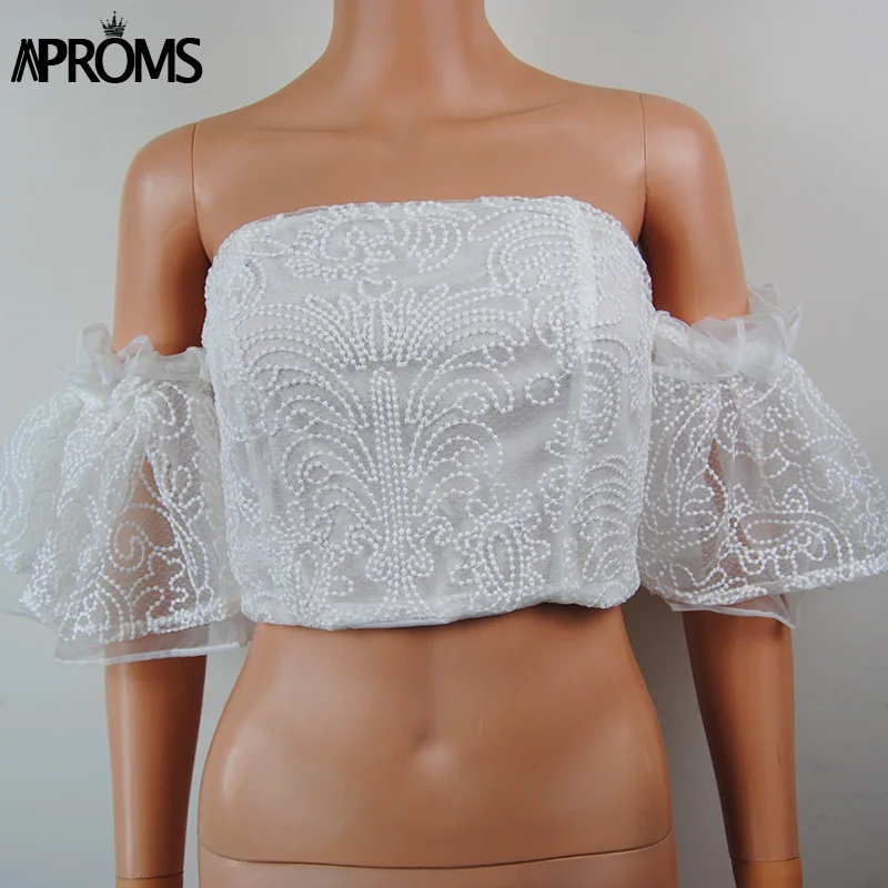 Aproms Элегантный с плеча кружева Mesh Crop Top Для женщин пикантные открытые белые бак тосп Прохладный расклешенными рукавами для девочек трубки майки