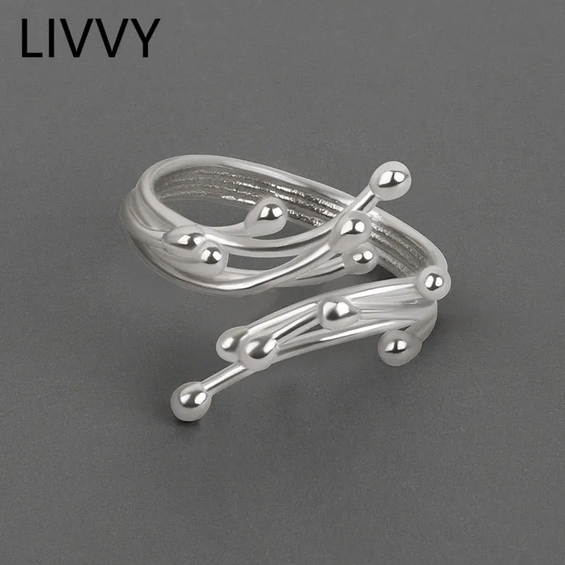 

LIVVY Silver Color Unique Design Irregular Texture Opening Adjustable Ball Ring For Women Fashion Personality Party Jewelry Gift
