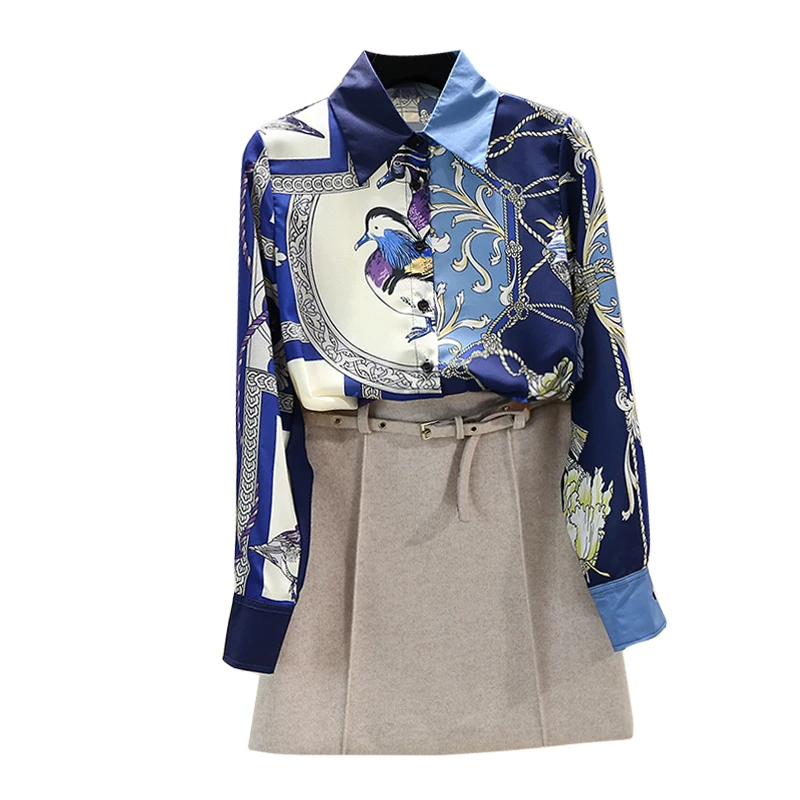 

Spring Autumn Women's Printed Shirt Korean Retro Contrast Shirt Female Office Lady Turn-down Collar Long-sleeved Shirt