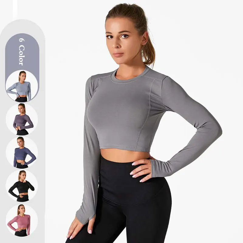 

2022 Long Sleeve Crop Top Woman Sports T-Shirts Women Tee Shirt Sport Top Fitness Running Tshirt Women Gym Workout Yoga Shirts