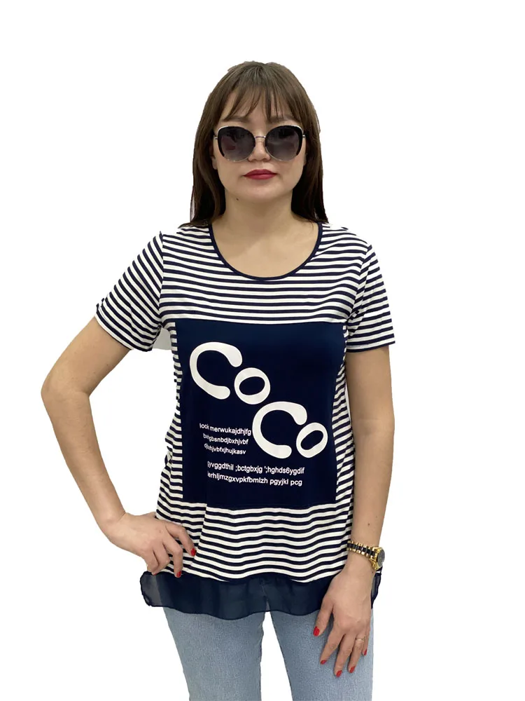 

P&N Women Tees Plus SIze Striped Character Letter Patchwork Short Sleeve ONeck Cotton Lace Breathable Casual Loose T Shirt F1439