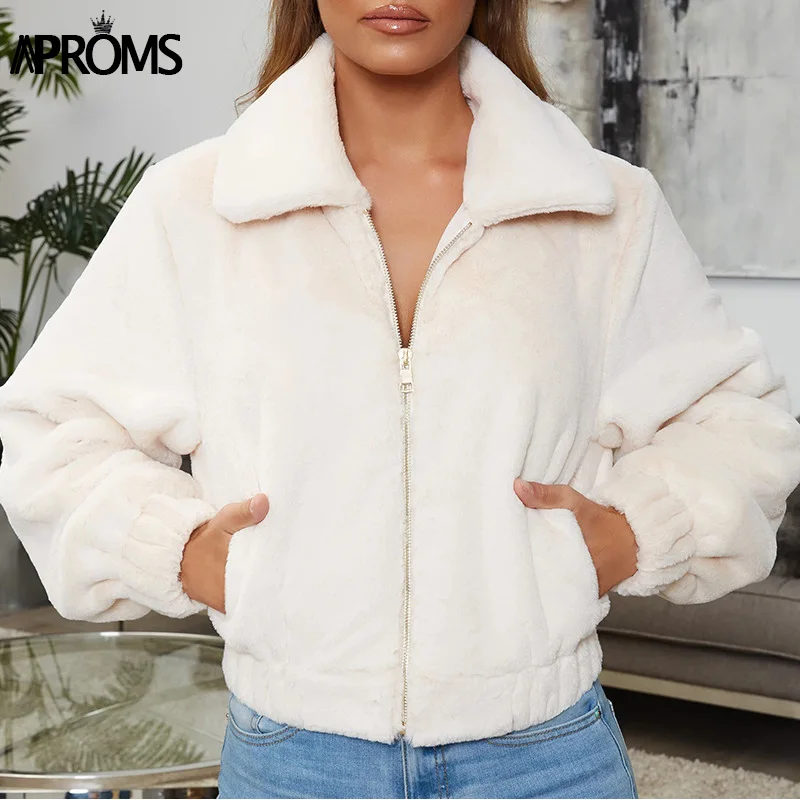 Aproms, зимняя теплая Женская куртка из искусственного меха, повседневная, на молнии, с карманами, мягкая верхняя одежда, пальто, уличная одежда, длинный рукав, Женские базовые куртки